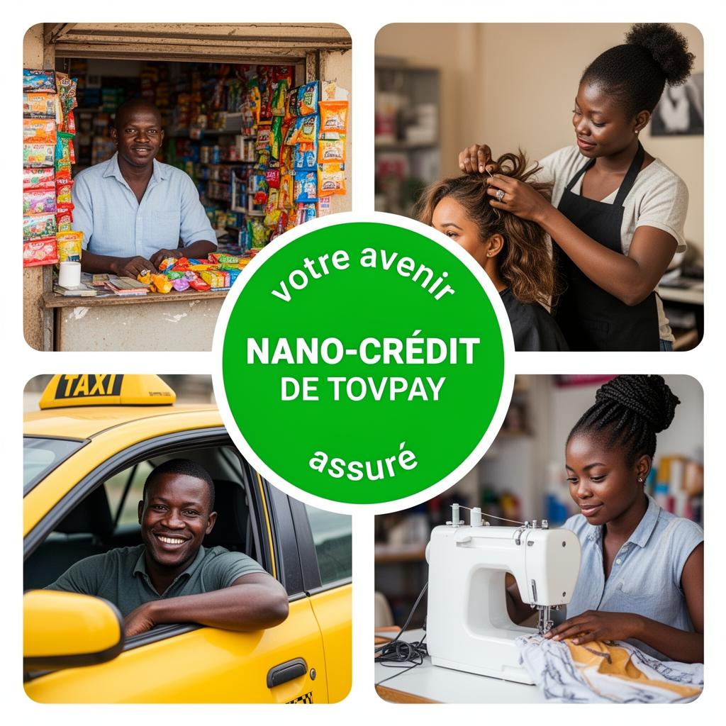 Collage d'entrepreneurs africains : commerçant, coiffeuse, chauffeur et couturière, avec le badge nano-crédit TOVPAY